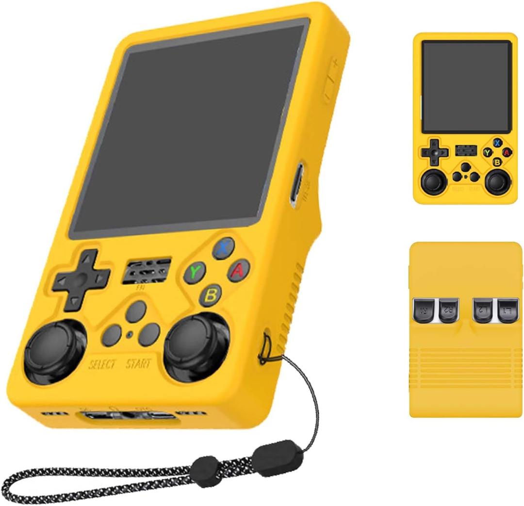 Case Cover for R36S Plus Handheld Game Console, Slim Soft Silicone Protective Case with Lanyard for R36S Plus, Anti-Scratch,Shockproof,Yellow