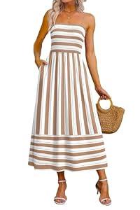 OFEEFAN Maxi Dress Spaghetti Strap Business Casual Spring Long Sundresses for Women Resort Wear Summer Clothes Beach Vacation Cruise Outfits Khaki Striped, L