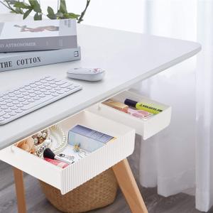 YOOUSOO 2 Pack Under Desk Drawer Storage, Under Desk Organizer, Hidden Self-Adhesive Desks Drawers Slide-out, Stick on Desks Drawer White, Under Mount Drawers for Office/Classroom/Home