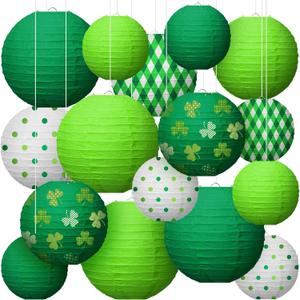 Bencailor 16 Pcs St Patricks Day Party Paper Lanterns Green Round Hanging Paper Lanterns Shamrock Decorations for Irish Saint Festive Birthday Indoor Outdoor Supplies(Shamrock)