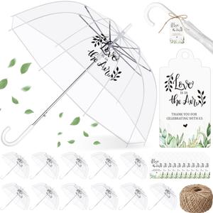 Aliceset 12 Pack Clear Wedding Bubble Umbrellas Bulk 46 Large Canopy Love Is in The Air Transparent Stick Umbrella with Tags and Rope Rain Windproof J Hook Handle Auto Open for Wedding Prom Outdoor