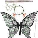 Fairy Wings for Adults and GirlsFairy Costume Set with Floral Garland, Fairy Hair Tinsel, Wand & Elf Ears  29"x21" Organza Butterfly Wings  Ideal for Cosplay, Party, Black