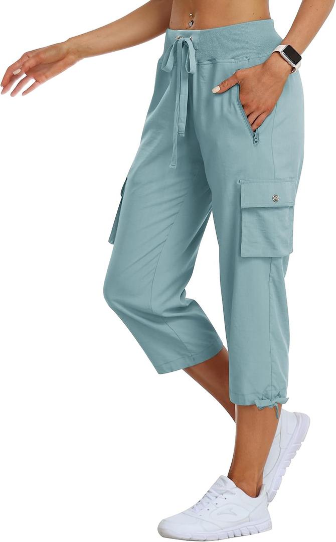 MoFiz Women's Cargo Capris Hiking Pants Lightweight Quick Dry Outdoor Athletic Travel Casual Loose Comfy Cute Zipper Pockets (Blue, XXL)