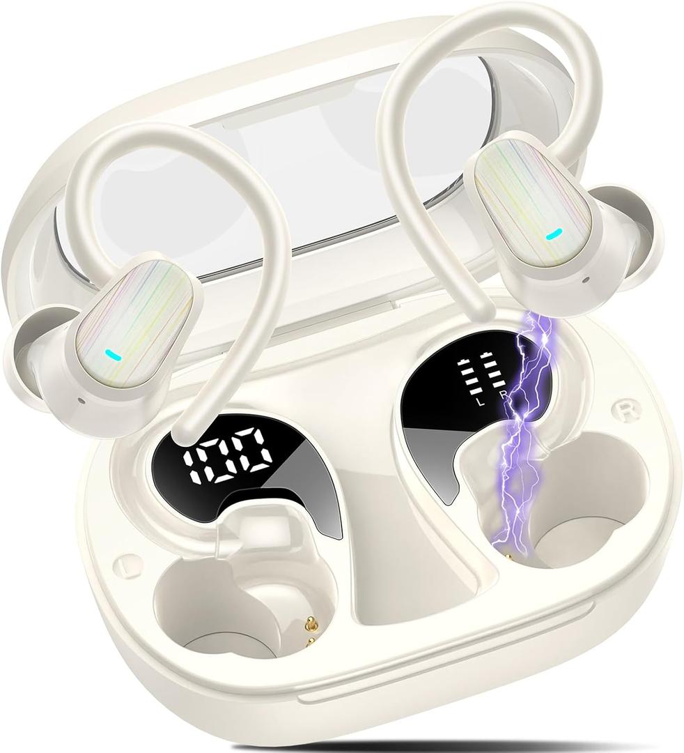 Wireless Earbuds, Headphones Sport Bluetooth 5.4, Over Ear Buds with ENC Noise Canceling Mic, Deep Bass Stereo Earphones with Hook, 50H, LED Display, IP7 Ear Buds for Workout Running, Off-White(2026)