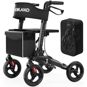 HOMLAND Foldable Walkers for Seniors with Seat, Height Adjustable Rollator Walker, 8" Big Wheels Rolling Walker for All Terrain, Aluminum Lightweight Walker.