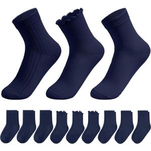 YMYDYFC 9Pack Kids Socks For Boys Girls Toddler Crew White Ruffle Socks Black Dress Sock School Uniform Cotton Seamless 3-11T (6-9 Years)