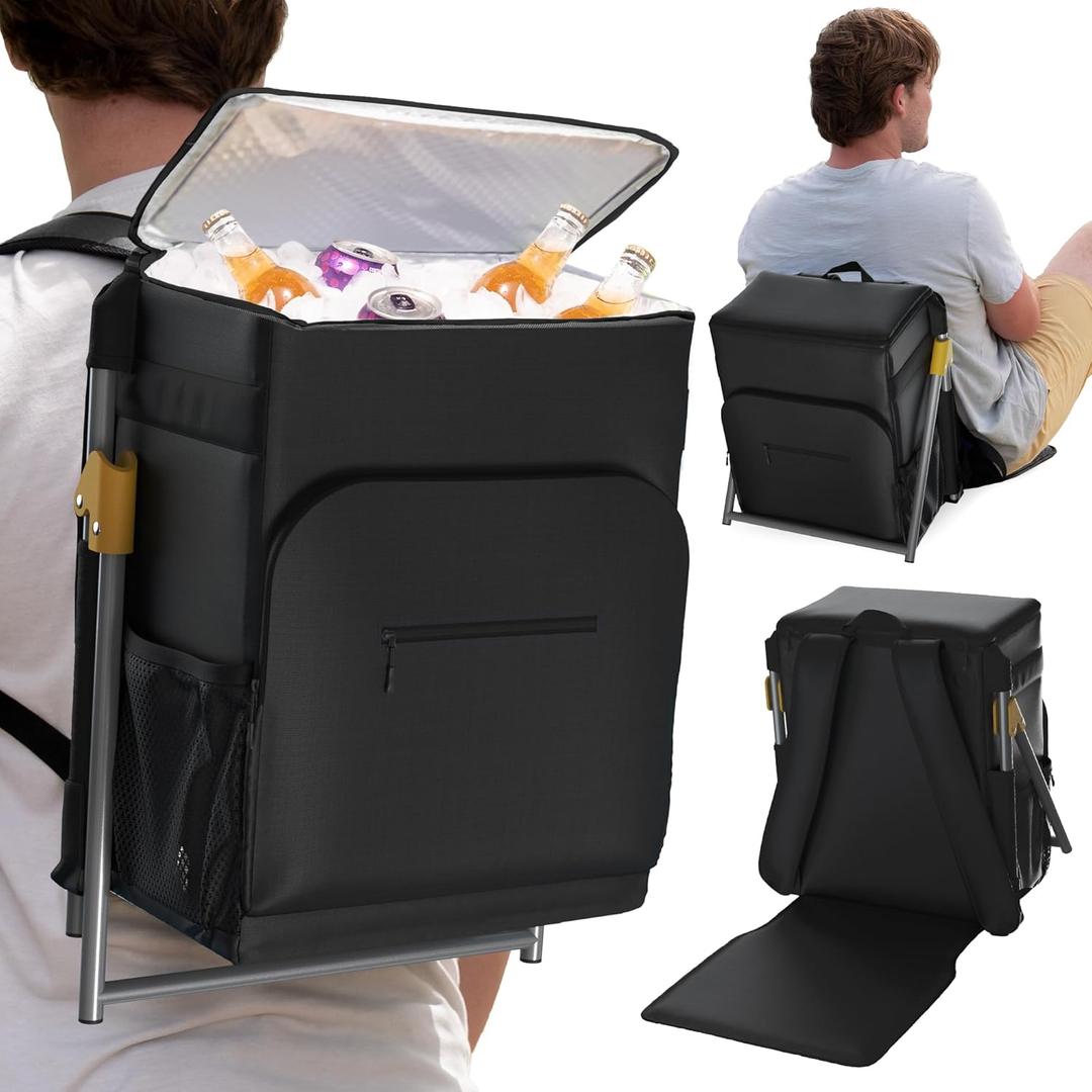 Insulated Backpack Cooler with Foldable Seat - 40 Cans, 24 Hour Cooling, Breathable Straps, Lightweight Leak Proof Liner, Portable Cooler Backpack Bag for Men Women Beach Travel Camping Picnic Hiking (03. Black (Cooler Chair))