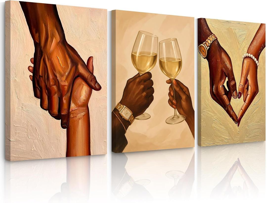 Black Couple Love Wall Art Black People Canvas Wall Decor African American Couple Art Pictures Afro Man Woman Poster Holding Hands Prints Painting for Bedroom Living Room 16x24 Inch Ready to Hang 3Pcs