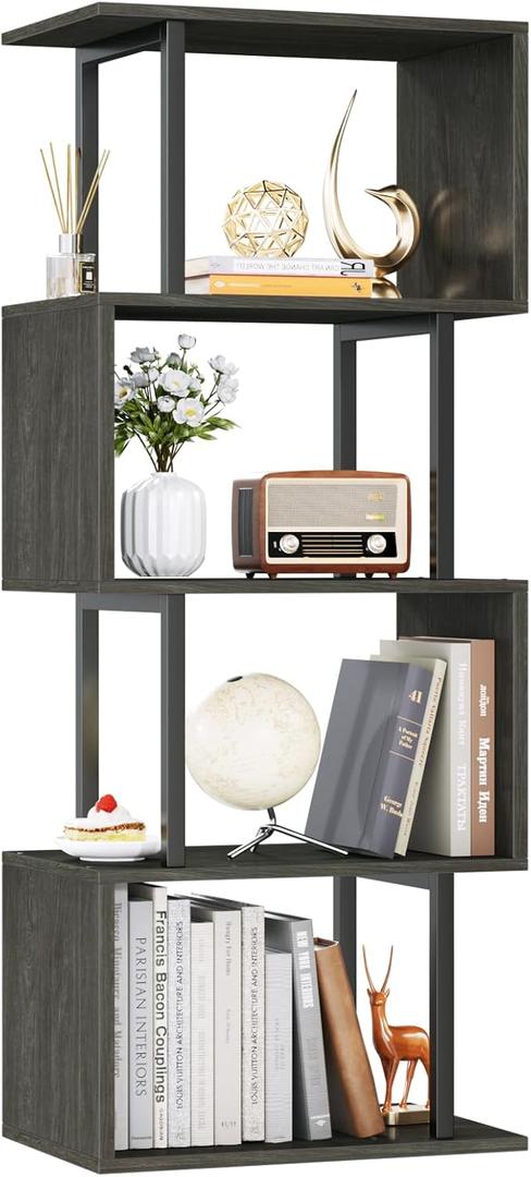 Furologee Geometric Bookshelf 5 Tier Bookcase, Industrial S-Shaped Display Storage Shelf for Small Space, Tall Metal Wood Decorative Standing Shelves for Bedroom, Living Room, Office, Black Oak (Light Black Oak)