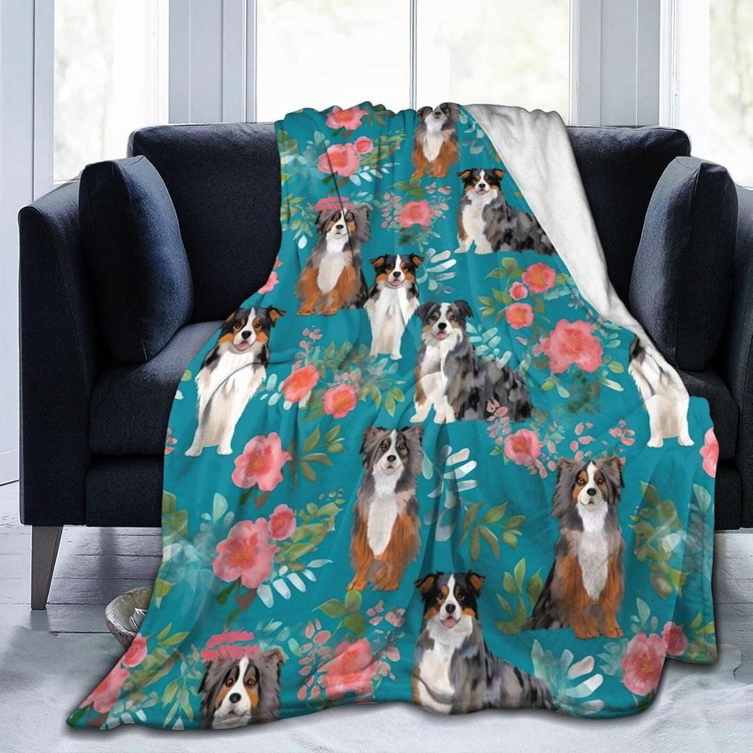 Australian Shepherd Dogs Flowers Fleece Throw - Lightweight, Super Soft, Cozy Bed - Warm Blanket for Living Room/Bedroom - All Season (50"x40")