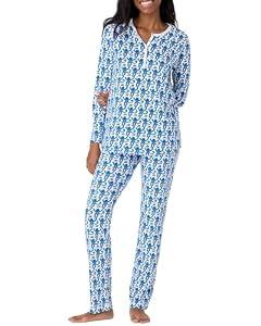 HMPEAIIY Womens Henley Pajamas Set 2 Piece Long Sleeve Monkey Print Lounge Sets Preppy Sleepwear Pjs for Bridal Party, Holiday & Travel Outfit(Blue, Small)