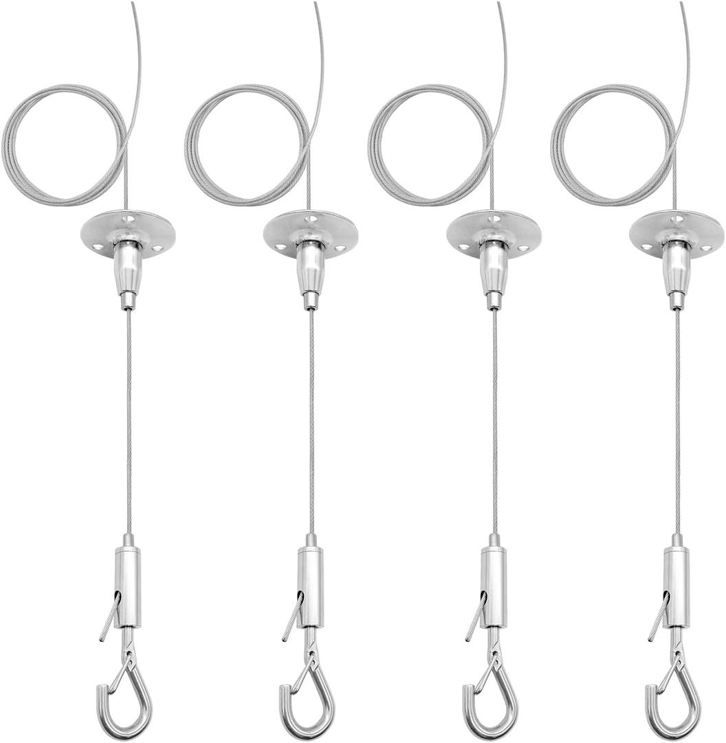 4 Pack 6ft Ceiling Sign Hanger Wire Kit, 2m Adjustable Suspension Hanging Cable Wire with Hook Wall Mount Suspension Cable for Art Work LED Screen, Billboard, Lights ,Mirror Picture , Holds Up to 10KG
