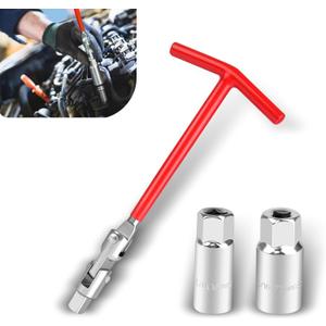 3 PCS Spark Plug Socket Wrench, T-Handle 16mm 5/8" & 21mm 13/16" Removal Tool Kits, Metal Socket Swivel Remover Installer Set, Universal for Truck SUVs Sedan