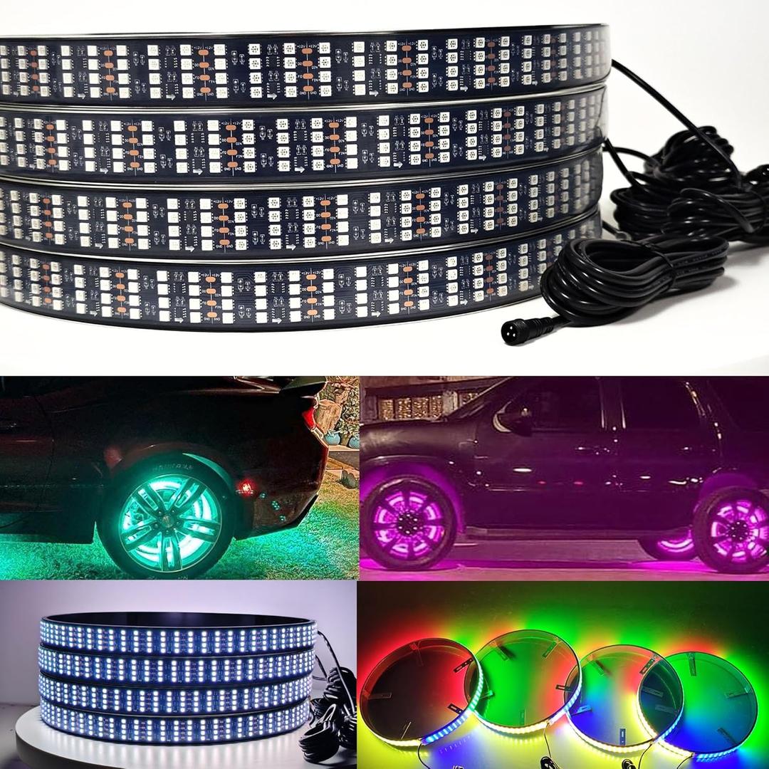 4Pcs 4 Rows 15.5"" Dancing/Chasing Color LED Wheel Ring Lighting Kits with APP Controller, RGB Dream Color 1152LEDs LED Wheel Ring Lamps for Jeep Car Truck SUV Jeep Pickup, RGBW