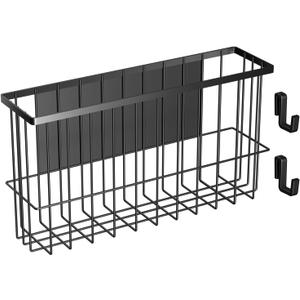 Magnetic Refrigerator Baskets, Fridge Spice Rack Organizer with Hooks, Strong Magnet Metal Hanging Wire Storage Basket Storage Bin Box Container for Pegboard / Refrigerator/ Whiteboard/ Locker-Black