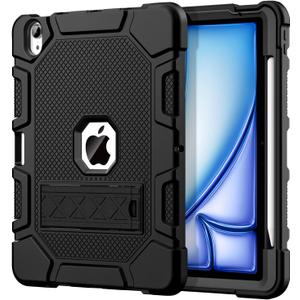 for iPad Air 11-inch (M3/M2) 2025/2024, iPad Air 5th/4th Generation 10.9 Inch Case (2022/2020), Heavy Duty Shockproof Rugged Protective Case with Pencil Holder, Black