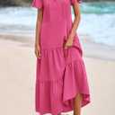KIRUNDO Summer Maxi Dresses for Women 2026 Spring Fashion Short Sleeve Button V Neck Pleated Loose Tiered Swing Flowy Dress (Pink, S)