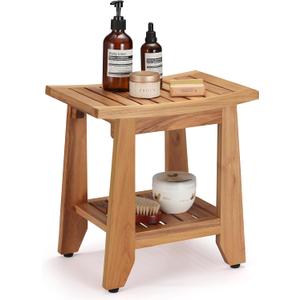 Teak Shower Bench Stool, 14'' Compact Waterproof Wooden Sauna Bath Bench with Storage Shelf, Non-Slip Solid Teak Shower Seat Chair for Small Bathrooms Inside Shower and Outdoor Use