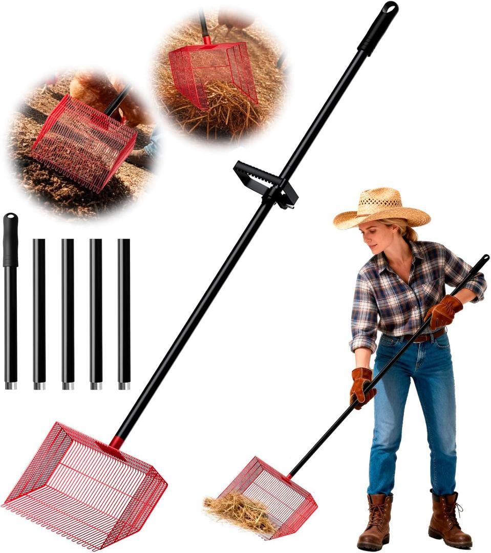 Chicken Poop Scooper with 12" Wide Heavy Duty Litter Shovel and Adjustable 2573" Steel Handle, Multi-Section Detachable Pole Poop Rake for Easy Chicken Coop Cleaning, Durable Metal Accessories