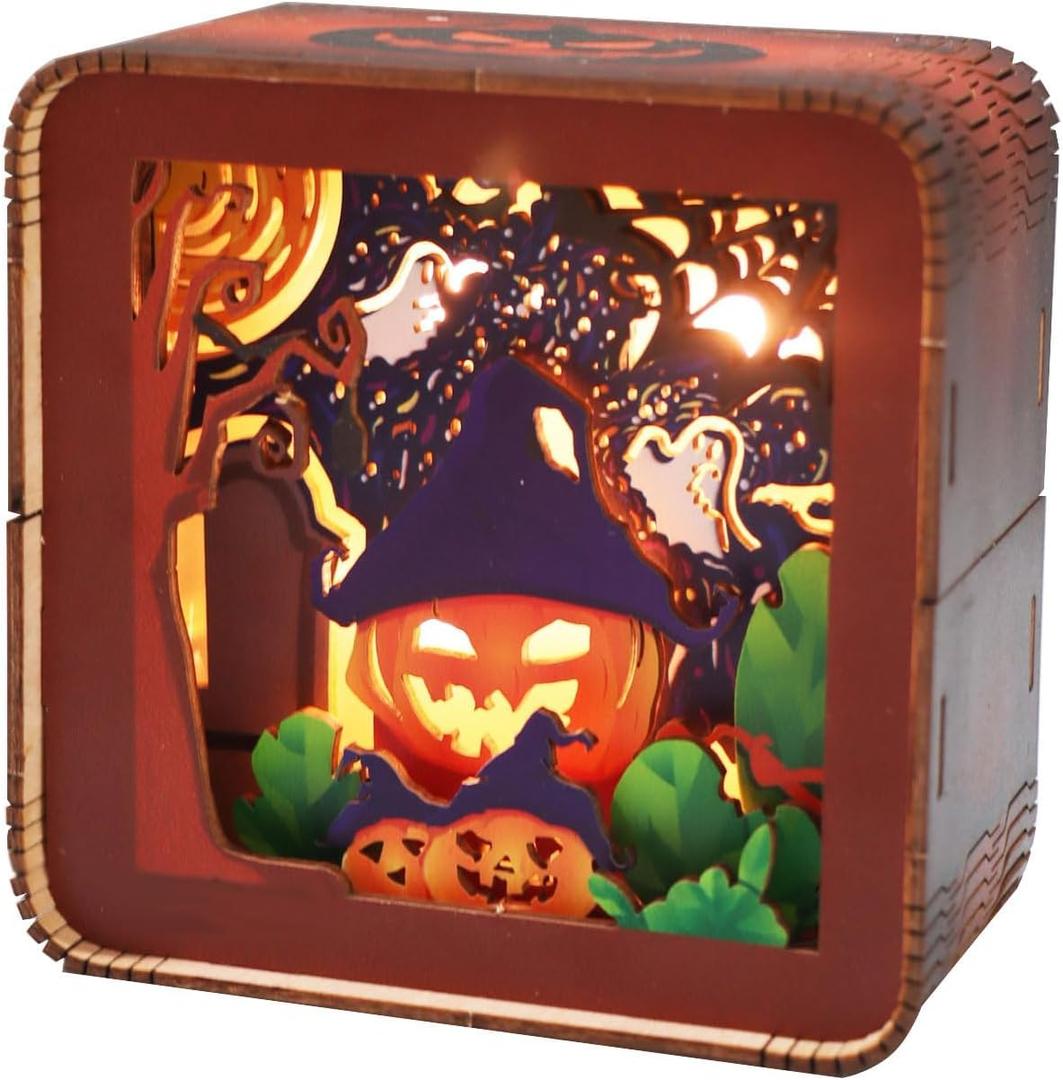 Music Park 3D Wooden Puzzles for Adults Halloween Crafts Haunted Spooky Puzzle Night Light Model Kits to Build Gift for Party and Home Decorations