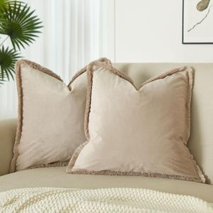 JUSPURBET Champagne Decorative Velvet Fringe Throw Pillow Covers 20x20 Set of 2 Boho Soft Cushion Case for Home Decor Living Room Couch Sofa Bed