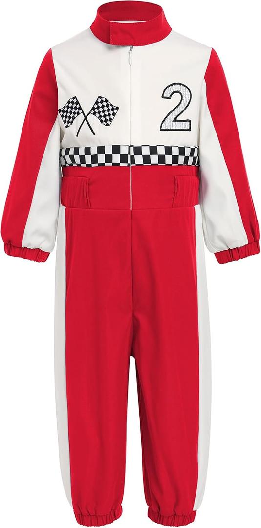 IBTOM CASTLE Toddler Boys Girls 2nd Birthday Outfits - Kids Race Car Driver Clothes Long Sleeve Romper Racer Jumpsuit Racing Suit Cake Smash Role Play Dress Up Party Supplies Red Two 18-24 Months