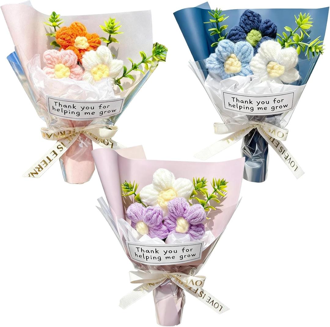 Wavwavw 3 Pcs Teacher Appreciation Gifts Crochet Handmade Positive Mini Crochet Flower Bouquet Thank You for Helping Me Grow Teachers Gifts for Graduation Teacher Appreciation Week Women Men (Pastel)