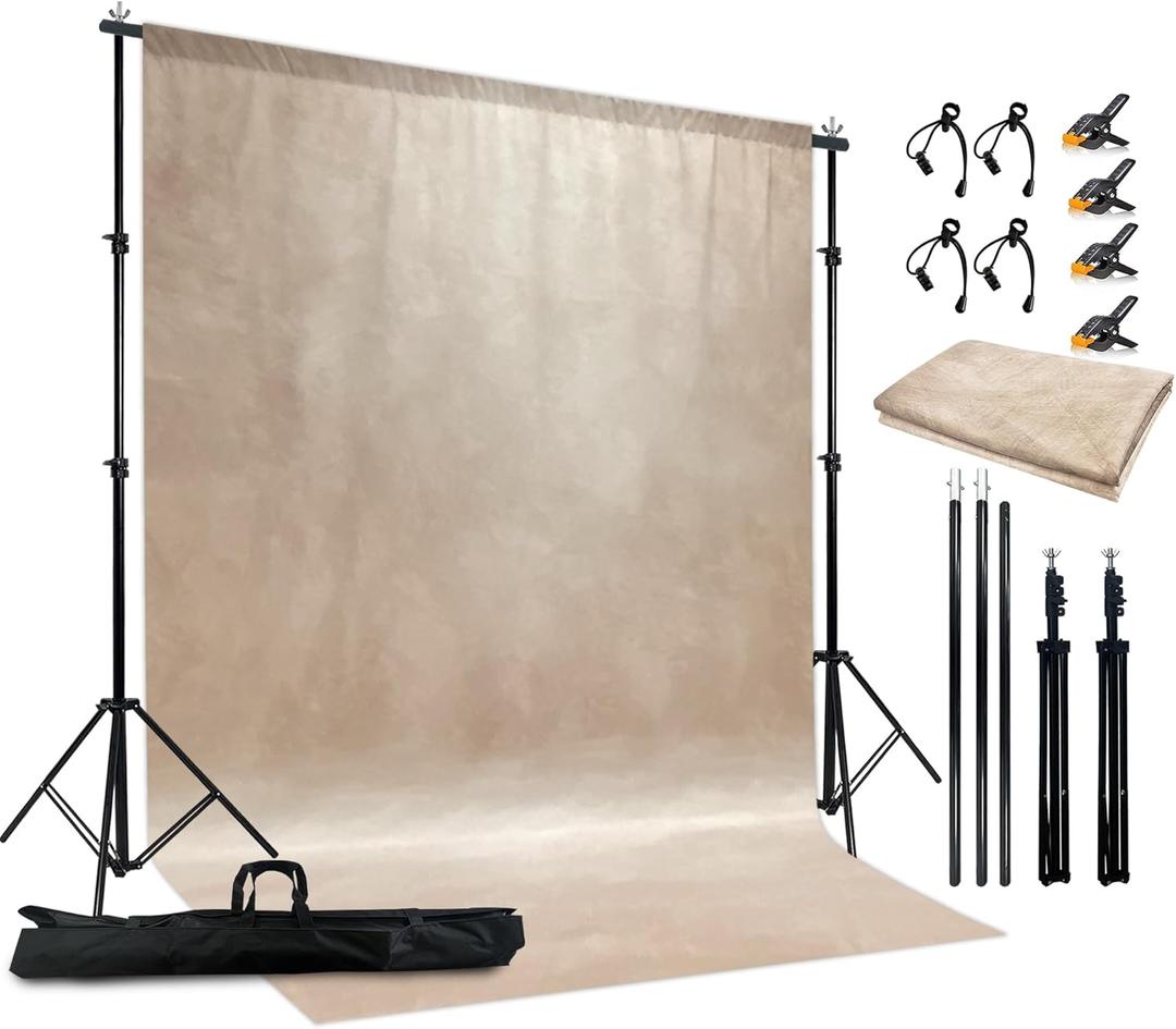 2-in-1 Abstract Photography Backdrop Stand Kit - 6.5x6.5 ft Portable Dual Rod Stand with 6x8 ft Polyester Fabric Backdrop for Portraits and Photo Props - Roller Pocket Design6x8ft,Beige
