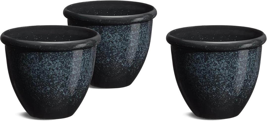 glitzhome Set of 3 Lightweight Faux Ceramic Plastic Planter Pots with Pre-Install Easy Knock-Out Drainage Hole, 14.25" D x 11.75" H, Gradient Turquoise