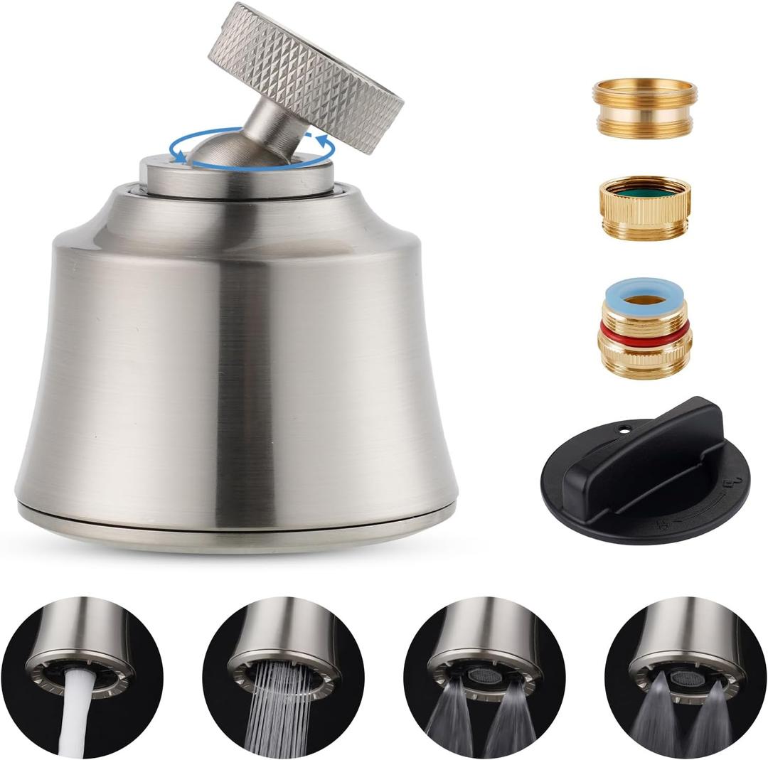 Hygie Rinse Kitchen Sink Faucet Head Replacement, 4 Spray Faucet Sprayer Attachment with Big Angle Swivel, 55/64-27UNS Famale Thread, Male Thread Adapter Included, Brushed Nickel