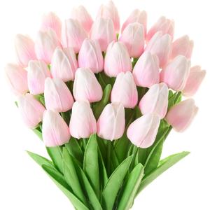 30 Pcs Tulips Artificial Flowers Fake Pink Flowers Latex Tulips Real Touch 13" Silk Flower for Spring Mother's Day Easter Gifts in Bulk Home Kitchen Wedding Decorations