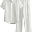 Men's 2 Piece Beach Vacation Outfits Button Down Short Sleeve Shirts and Straight Leg Pants Set, Size: Small