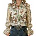 CHERRYBETTY Women's Boho Paisley Blouse Western Floral Print Top Ruffled Cuff Long Sleeve Button-Down Shirt L