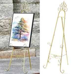 Metal Easel Stand for Sign with Chain Support, Gold Extra Large Scroll Floor Standing Easel for Display Wedding Sign Picture Frame Mirror, 59" H × 22" L × 20" W