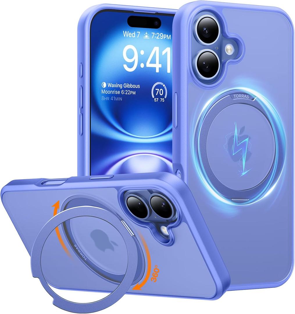 TORRAS 360 Magnetic Stand for iPhone 16 Case, [Compatible with MagSafe] [Rotatable Flexible Kickstand], 16ft Mil-Grade Shockproof Protection Versatile Ring Holder, Anti-Scratch & Ultramarine 6.1"