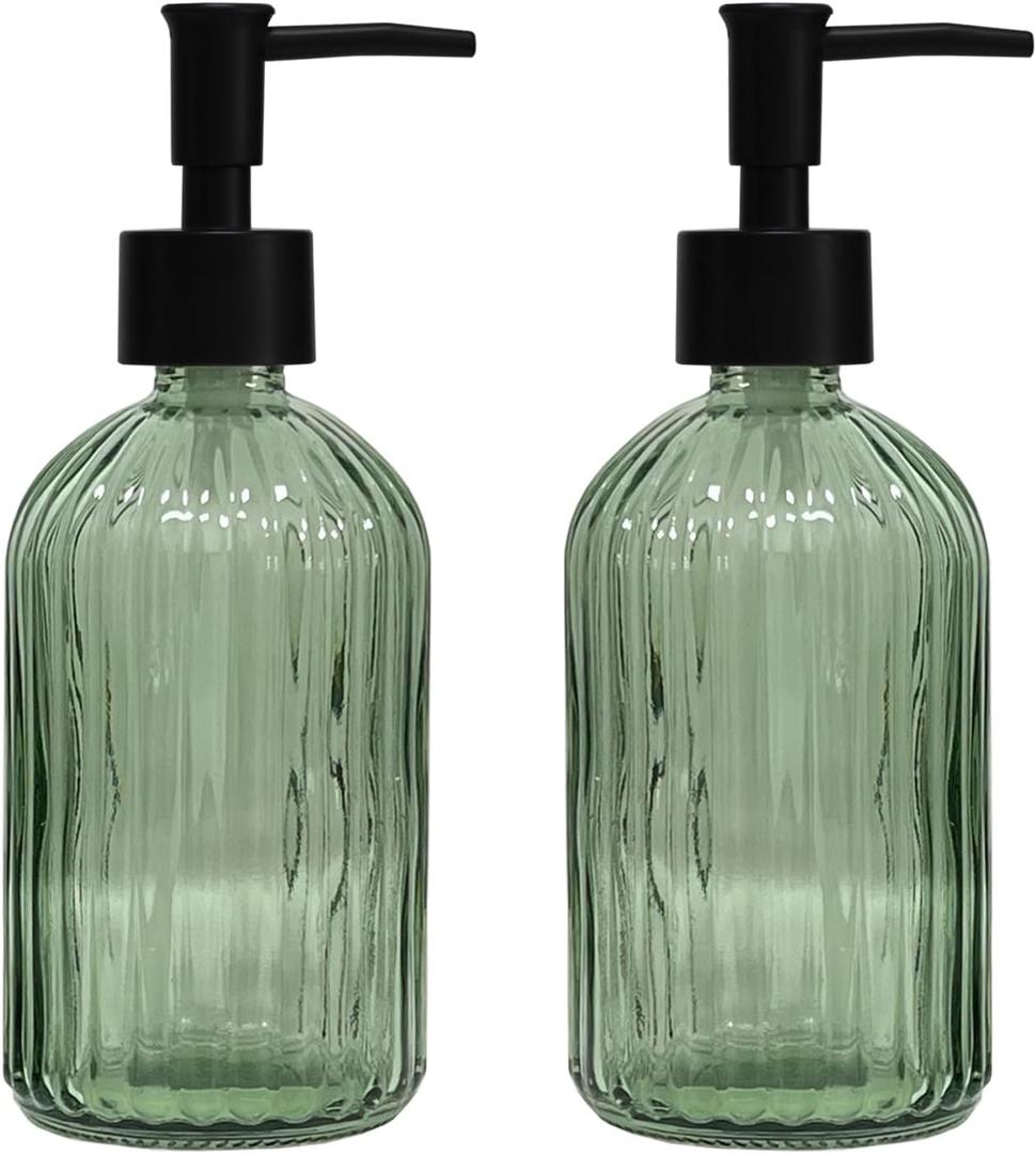 Green Glass Soap Dispenser Set with Black Pump, 13.5oz Refillable Liquid Hand Soap Dispenser, Lotion Dish Soap Dispenser for Modern Home Decor, Bathroom, Kitchen Countertop, Hotel (2 Pack)