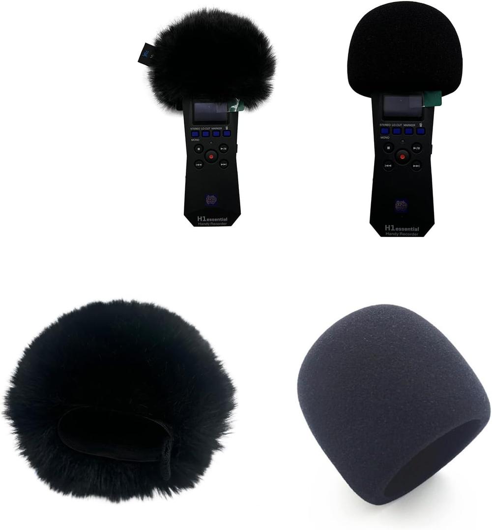 Pop Filter Dead Cat Fit For Zoom H1essential Handy Portalble Recorder Furry Windscreen&Foam Microphone Windshield Sponge Cover (Black with foam)