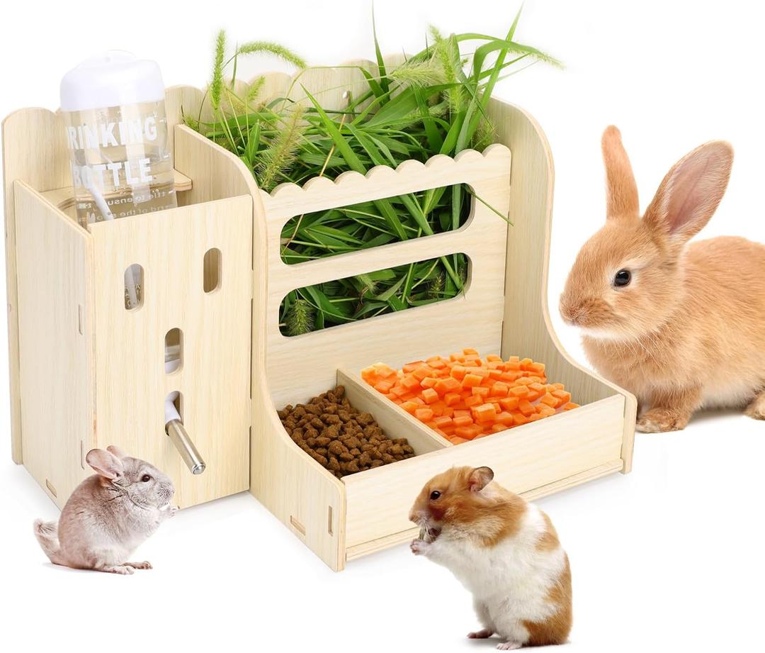 Guinea Pig Feeder, Guinea Pig Hay Feeders with Water Bottles, Hay Holders and Food Dividers, Wooden Hamster Hay Feeder for Bunny, Guinea Pig, Chinchilla