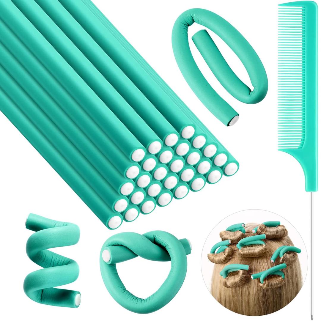 Syhood 30 Pcs 7'' Flexible Curling Rods Twist Foam Hair Rollers Soft Foam No Heat Hair Rods Rollers and 1 Steel Pintail Comb Rat Tail Comb for Women Long Short Hair(Lake Green,7 x 0.3 Inch)