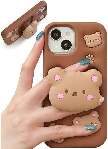 TUFTA Kawaii 3D Teddy Bear Phone Case for Samsung Galaxy a15  (with Retractable Phone Stand & Grip) Cute Girly Cartoon Soft Silicone Phone Cover for Girls, Kids, Teens, and Women, Brown 