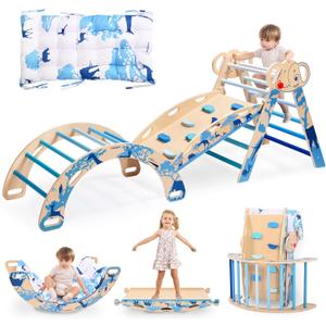 WINGYZ Pikler Triangle Set, Montessori Foldable 8-in-1 Jungle Gym with Reversible Animal Slide, Patent-Protected Climbing Set, Safe 2.35" Gap ASTM F963 Standards for Toddlers 18 Months-7 Years (Blue)