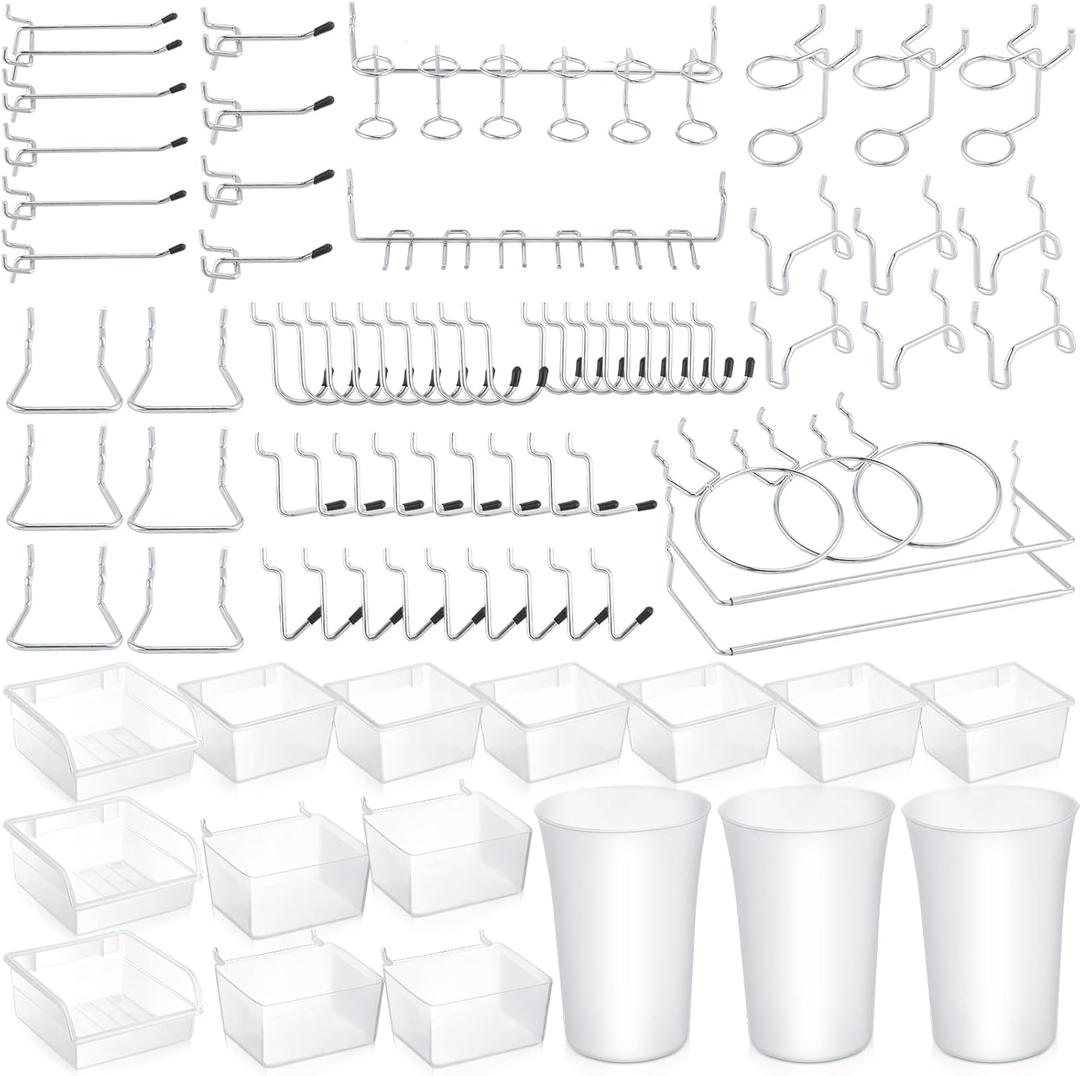 Zubebe 106 Pcs Pegboard Hooks Assortment with Bins, Pegboard Accessories Organizer Kit Include Bins with Hooks and Loops Paper Towel Holder for Hanging Tool(Silver, Clear)