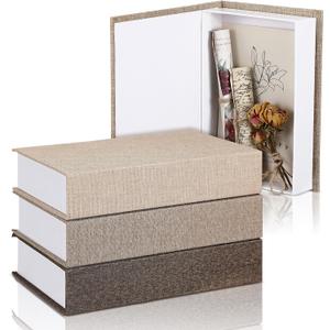 Tioncy 3 Pcs Fake Book Box Neutral Linen Book Box Decorative Faux Prop Storage for Farmhouse Home Decor shelf Table Card Photo DIY Keepsake Gift(8.6 x 6.1 x 1.8 Inch,Khaki, Dark Coffee, Light Coffee)