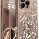 GVIEWIN for iPhone 16 Pro Case Compatible with MagSafe, [Military Grade Protection] [Screen Protector] Full Camera Protection Floral Translucent Women Magnetic Phone Case, Autumnflit/Brown