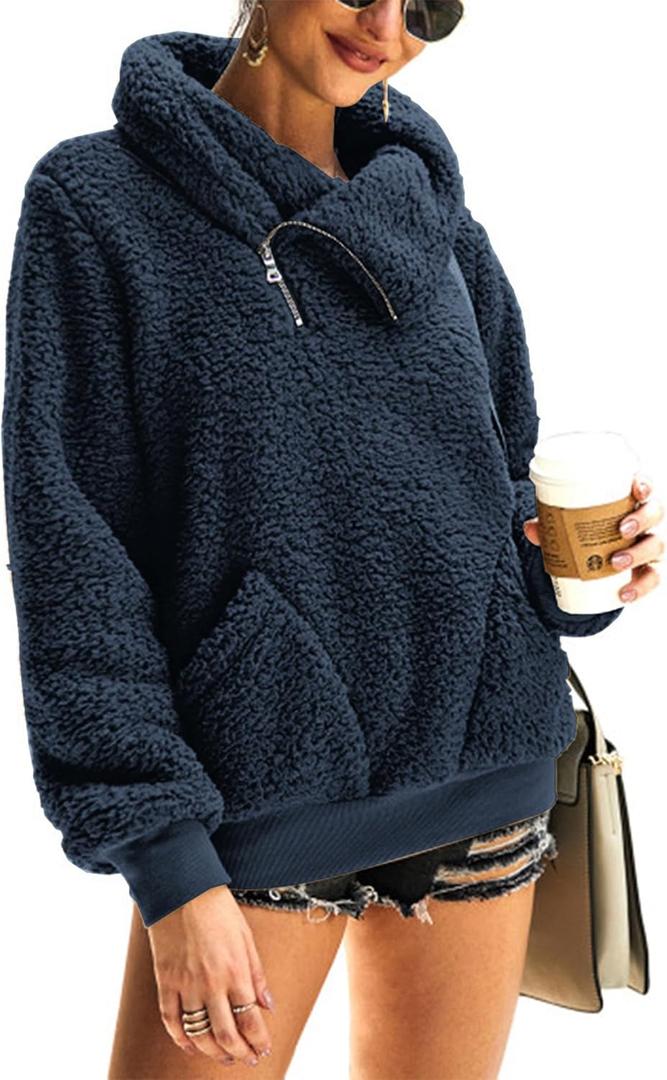 KIRUNDO Winter Clothing for Women Sherpa Pullover Fleece Zip Sweatshirt 2026 Fall Fashion Fuzzy Faux Shearling Warm Outwear (Medium, Dark Blue)