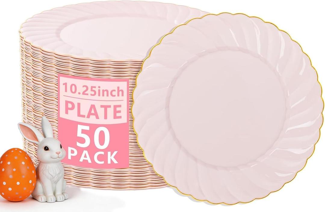 YOUBET 50 Pack Pink Scalloped Plastic Plates - 10.25 Inch Pink Disposable Plates - High End Elegant Vintage Dinner Plate for Party & Weeding & Birthday Easter Mothers Day