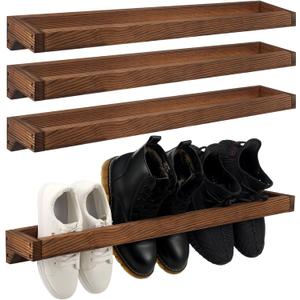 Wenqik 4 Pcs Wall Mounted Shoe Rack 30 Inch Rustic Wood Wall Hanging Shoe Rack Space Saving Footwear Holder Shoe Storage Organizer for Mudroom, Entryway, Closet (Burnt Wood)