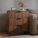 Wood Night Stand Fluted Dresser for Bedroom 3 Drawers End Tables Nightstand, Storage Modern Side Table Natural Walnut Bedside Table