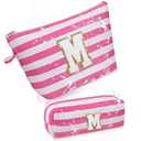 Initial Makeup Bag Personalized Stripe Cosmetic Bag Cute Waterproof Travel Toiletry Bag Birthday Gifts for 10 11 12 13 14 15 16 Years Old Teen Girl Gift Trendy Stuff (Pink M)