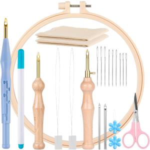 MSDADA 21PC Punch Needle Kit, Adjustable Punch Needle Tool, Wooden Handle Embroidery Pen Kits, Hoops, Cloth, Punch Needle Set Adults Beginner for DIY Craft, Perfect for Decoration and Gifts(Blue)